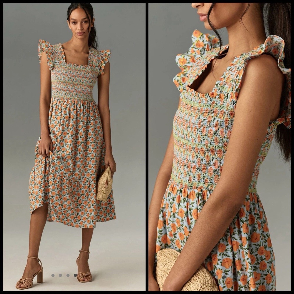 English Factory Orange Floral Smocked Midi Dress with Ruffle Straps